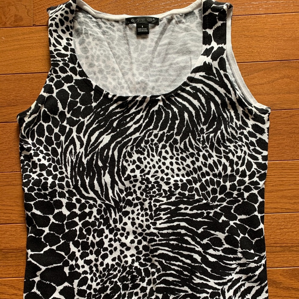August Silk Sleeveless Sweater Top - Black/ White Animal Print - Sz Small